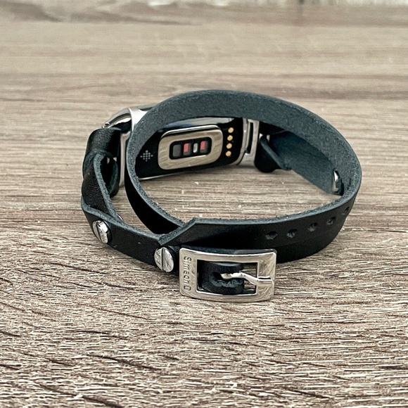 Double Wrap Black Leather Strap Silver Fitbit Charge 5 Band Women Wristband - Picture 8 of 8